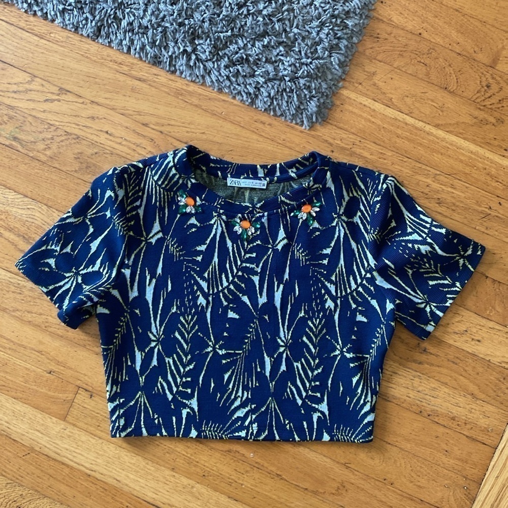Zara Crop Top Embellished Stretch Navy Blue Size Small